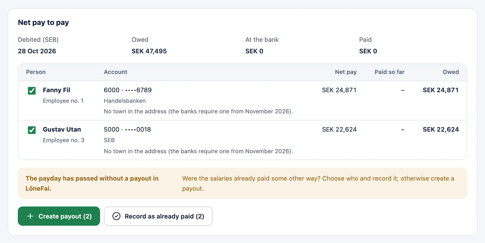 Payouts in LöneFai: the net pay to pay, with masked account numbers.
