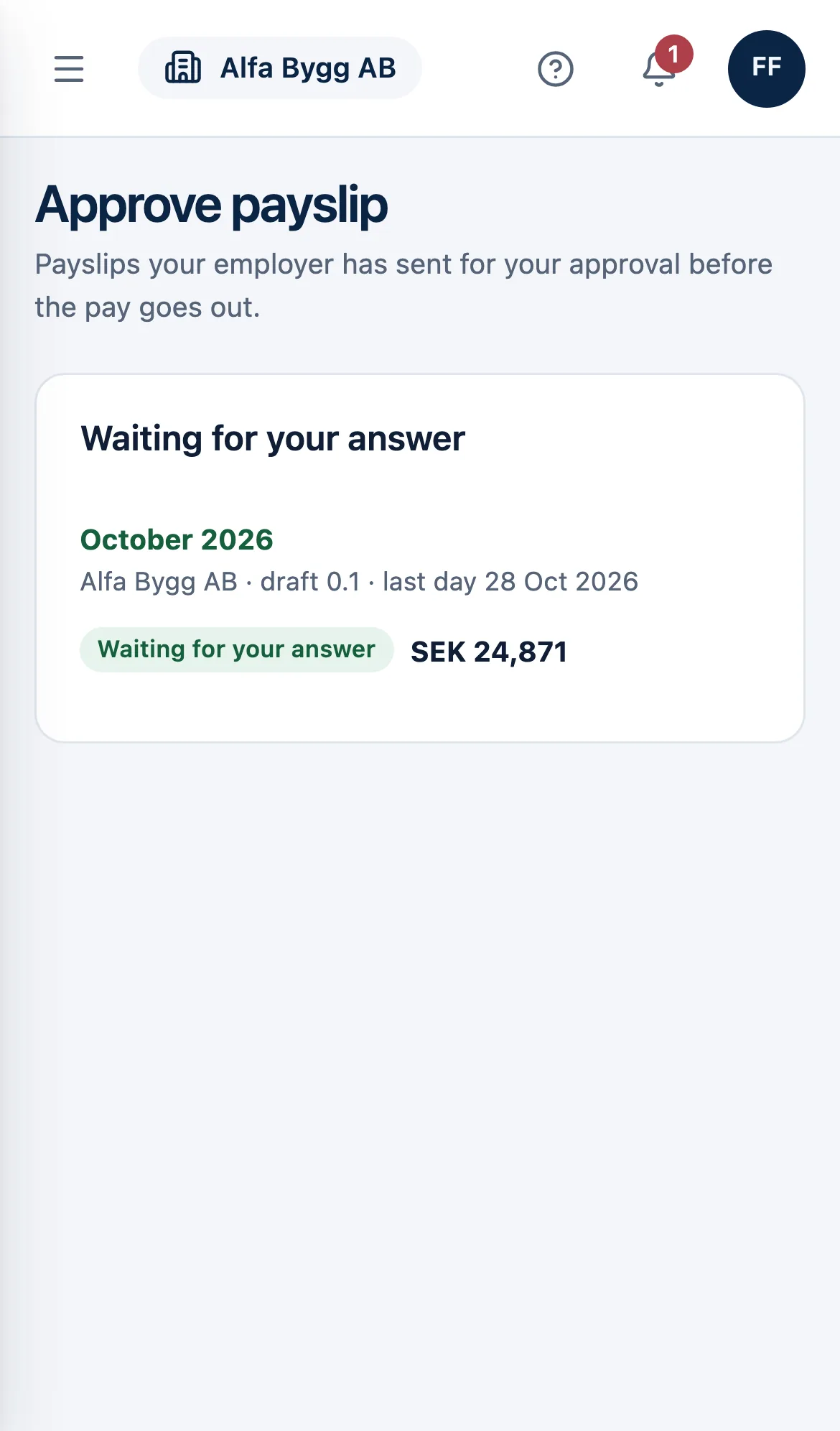 Approve payslips on a phone: October 2026 awaits an answer.