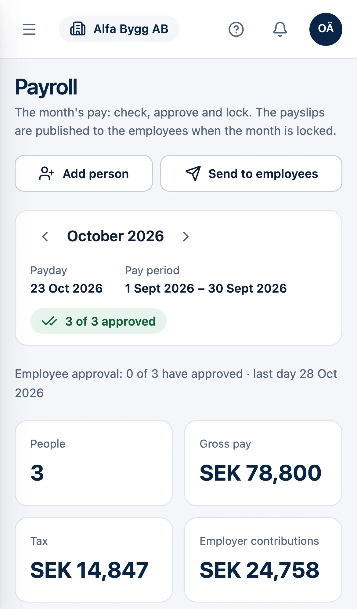 Payroll on a phone: October 2026 with three of three approved and the month's totals.