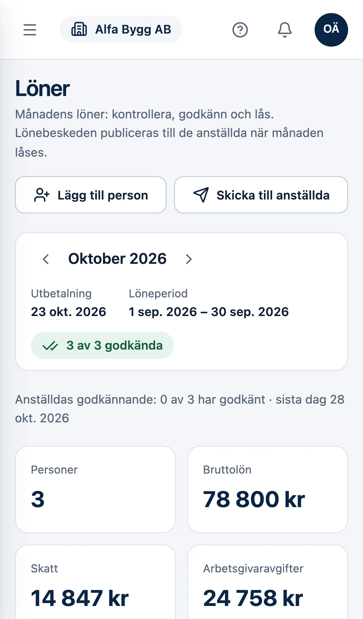 Löner i mobilen: oktober 2026 med tre av tre godkända och månadens summor.