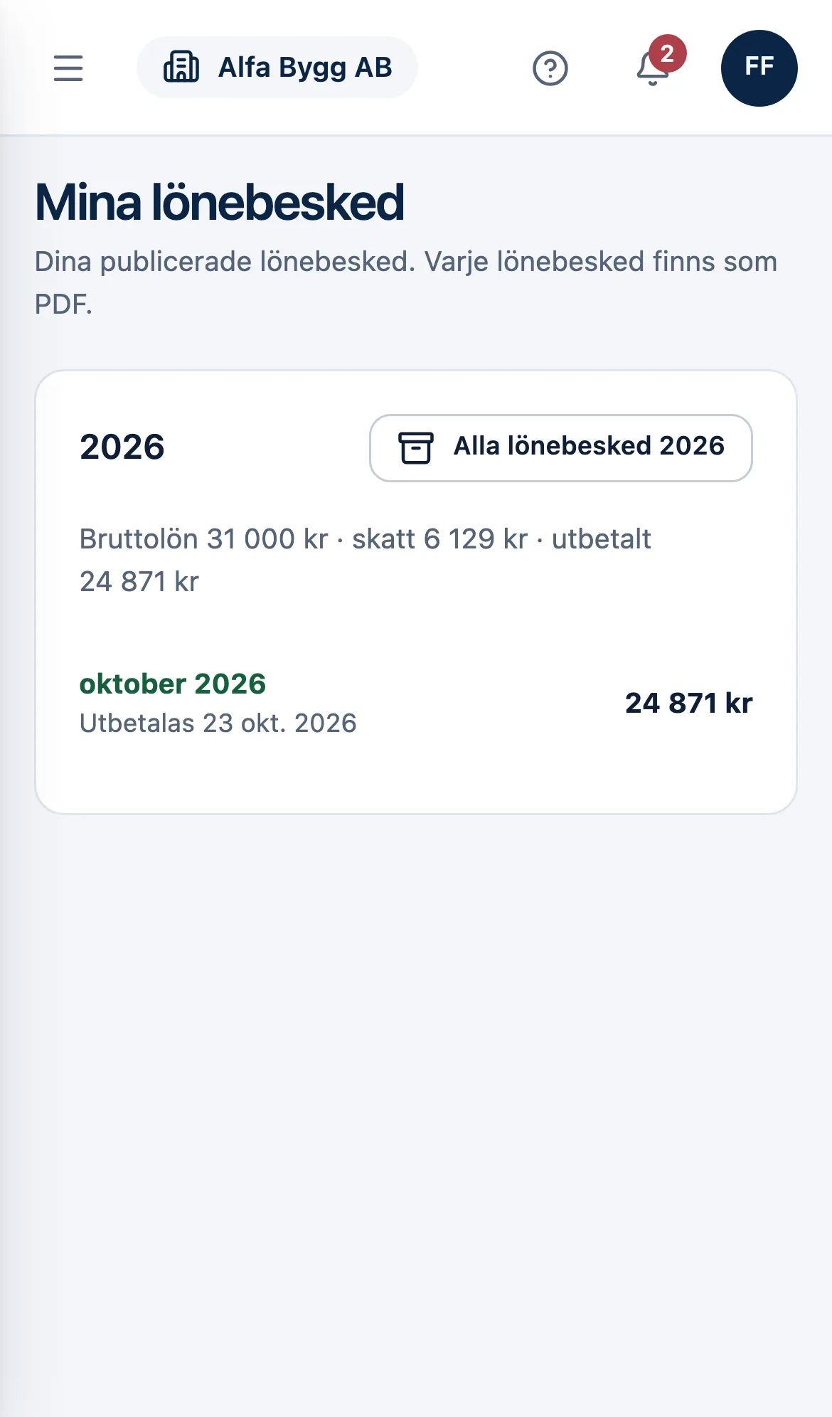 Mina lönebesked i mobilen: oktober 2026 och årets summa.